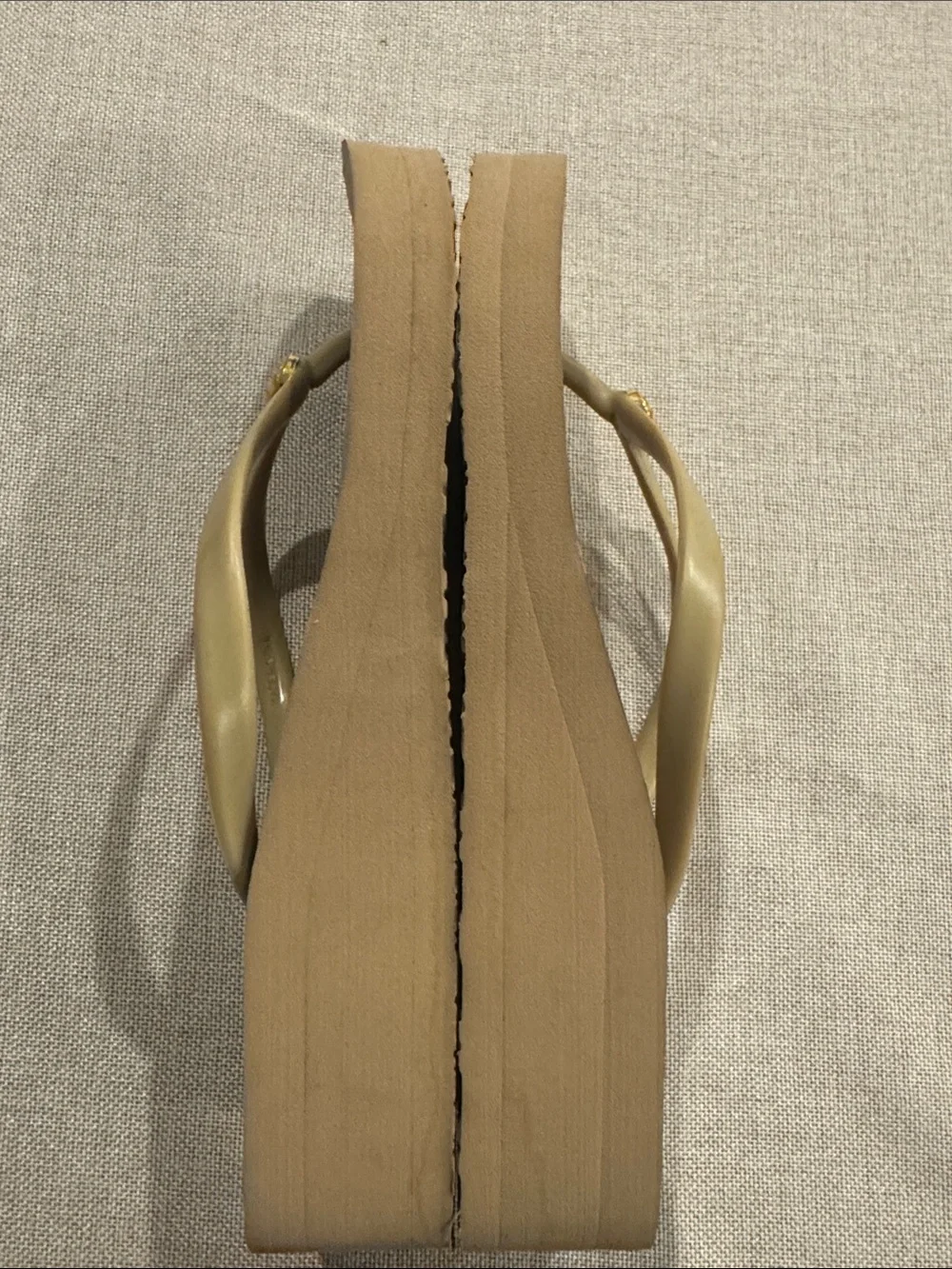 Tory Burch Taupe and Gold Logo Flip Flop Mini Wedge Sandals Size 7